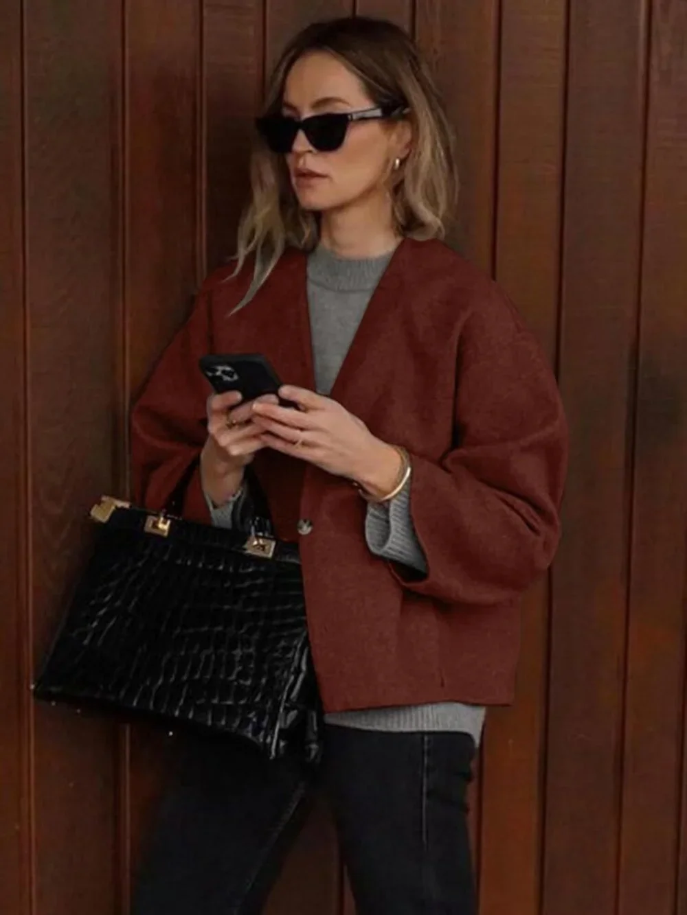 Women Brickred Wool Blend Cropped Collarless Long Sleeve Short Fall Pea Overcoat